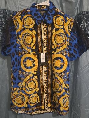 Rossini Men's Blue & Gold Baroque Short-Sleeve Button-Down Shirt